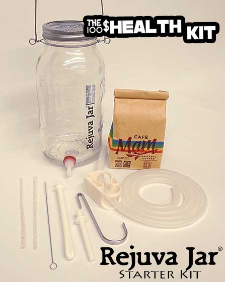 Rejuva Jar Organic Coffee Enema Kit with jar, components, and organic detox coffee